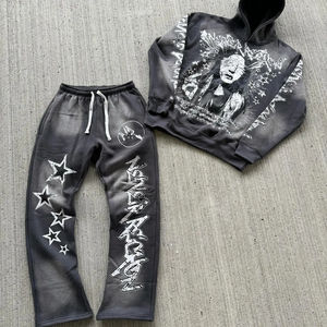 2025 estilo de tendencia personalizado Rhinestone Dtg estampado Logo francés Terry de gran tamaño algodón pesado lavado ácido Sun Faded chándal conjunto - Product Image 6