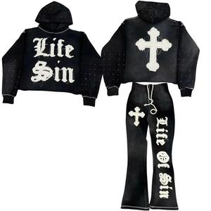 Ensemble survêtement polaire hiver unisexe avec sweat à capuche et pantalon évasé, broderie personnalisée effet vieilli, délavage acide, style streetwear - Product Image 3