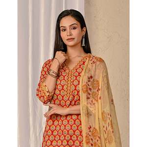 Conjunto de pantalón y kurta Anarkali estilo indio rojo, de algodón estampado Butta Block con tela de red de seda, ropa étnica para fiestas y ocasiones especiales. - Product Image 1