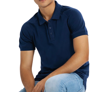 Clásico azul 100% algodón piqué comprimido cómodo elegante versátil sólido manga corta tejido de punto para camisas - Product Image 4