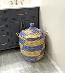 Tự nhiên sản phẩm lớn cỏ biển giỏ handmade handwoven quần áo giỏ cho lưu trữ giá rẻ bán buôn giặt cản trở với nắp đậy - Product Image 5