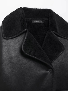 Unisex Vintage Faux Shearling Jacket Stand Long Sleeve Button-Up Chic <b>Tops</b> Outerwear Front Patch Pockets Stylish for <b>Men</b> Women - Product Image 3