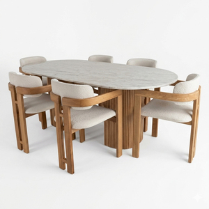Juego de Comedor Moderno y Duradero Aurevino, Mesa Ovalada de Mármol, Patas de Madera, Sillas Tapizadas en Tela con Respaldo Sólido, Estilo Escandinavo - Product Image 1