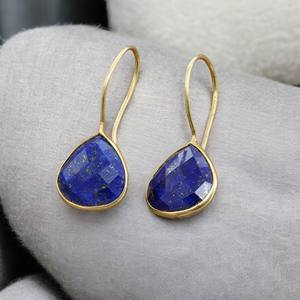 Handmade 18K Gold Plated 925 <b>Sterling</b> <b>Silver</b> <b>Drop</b> <b>Earrings</b> Natural Lapis Lazuli Gemstone Faceted Statement Jewelry Gift - Product Image 1