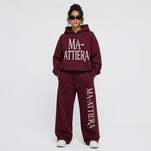 Custom Women Oversized Hoodie and Wide Leg Sweatpants Set <b>Burgundy</b> Cotton Fleece Graphic Print Two Piece Tracksuit - Product Image 1