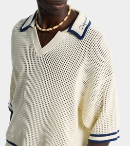 Pull en tricot ajouré personnalisé pour l'été, manches courtes, 100% coton, avec logo brodé <span class=keywords><strong>sur</strong></span> le col, polo en tricot pour <span class=keywords><strong>homme</strong></span> - Product Image 3