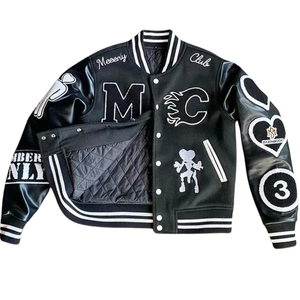 OEM 100% Vache En Cuir En Gros Broderie Noir Couple Collège Baseball Hommes Veste Letterman Varsity Streetwear Hiver - Product Image 5