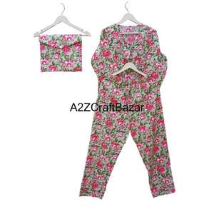 Wholesale <b>Sleepwear</b> Indian Floral Print Pajamas Cotton Night Wear Pyjama Set 100% Cotton Organic Night Suit Pyjamas Dress - Product Image 5