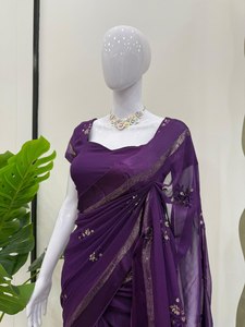 Bollywood-Style Indian Pakistani Viscose Saree with Thread <b>Sequin</b> Embroidery Designer Partywear Blouse Set Included - Product Image 2