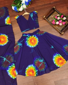 Shoryam Fashion Ensemble ethnique 3 pièces bleu pour enfants, Lehenga Choli entièrement cousu, longueur ras du sol, imprimé floral en organza, pour tout-petits et filles, idéal pour les fêtes - Product Image 2