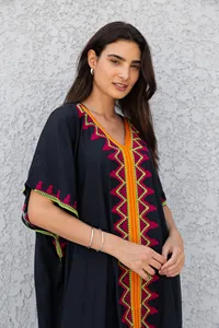 Kaftan attrayant en tissu 100% rayonne bleu marine foncé 2026, manches courtes, brodé, taille plus, ample, pour femmes - Product Image 4