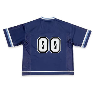 Maillot de sport personnalisé bleu marine à col en V pour hommes et femmes, tissu en maille respirant avec bordure et numéro blancs, haut de football - Product Image 5