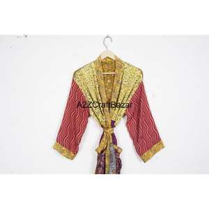 Robe d'été bohème en patchwork, 100% soie, respirante, douce, faite à la main, pour femmes, manches trois quarts, col en V, fermeture à cordon, décontractée - Product Image 2