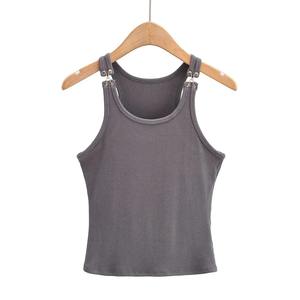 Gilet à manches courtes de style américain Gilet d'été élastique amincissant de couleur unie Gilet à boucle avec crochet Top Trendy - Product Image 4