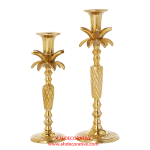 New Design <b>Brass</b> Coconut Tree Pillar <b>Candlestick</b> Holder Metal Embossed Christmas and Wedding Party Decoration Candle Holder - Product Image 1