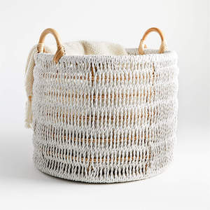 White Round Paper Rope Basket with Rattan Handles, Rustic Farmhouse Laundry Basket Made in Vietnam for Living Room Bedroom - Product Image 1