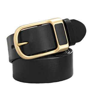 Cinturón de Cuero Genuino Negro con Hebilla Rectangular Dorada, Estilo Casual para Hombre, Duradero, Moldeado en una Sola Pieza - Product Image 1
