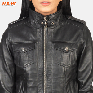 Blouson d'aviateur en cuir noir véritable pour femmes Vêtements d'extérieur d'hiver décontractés, élégants et chauds, col montant, fermeture à glissière, capuche amovible - Product Image 2