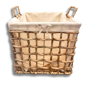 Cesta de almacenamiento de jacinto de agua de bambú de ratán de algas marinas rústicas ecológicas con asas y forro de algodón para decoración del hogar - Product Image 1