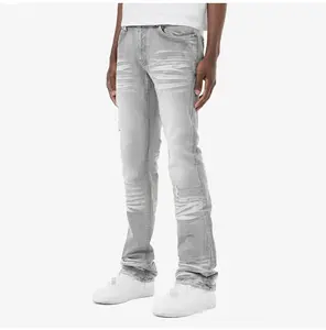 Street wear détruire les pantalons déchirés hommes gris lavage maigre stretch déchirure et réparer les jeans en tissu auto