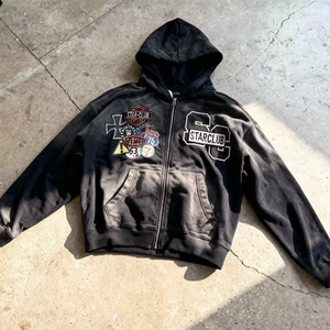 OUNA Custom 400g Heavyweight Oversized <b>Zip</b> Cotton Terry Streetwear Vintage Acid Wash Pullover Distressed <b>Pocket</b> Winter <b>Hoodies</b> - Product Image 4