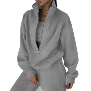 Femmes Logo personnalisé 2025 Sports d'hiver décontracté polaire survêtement longue longueur survêtement ensemble demi fermeture éclair à capuche col rond tissu gaufré - Product Image 2