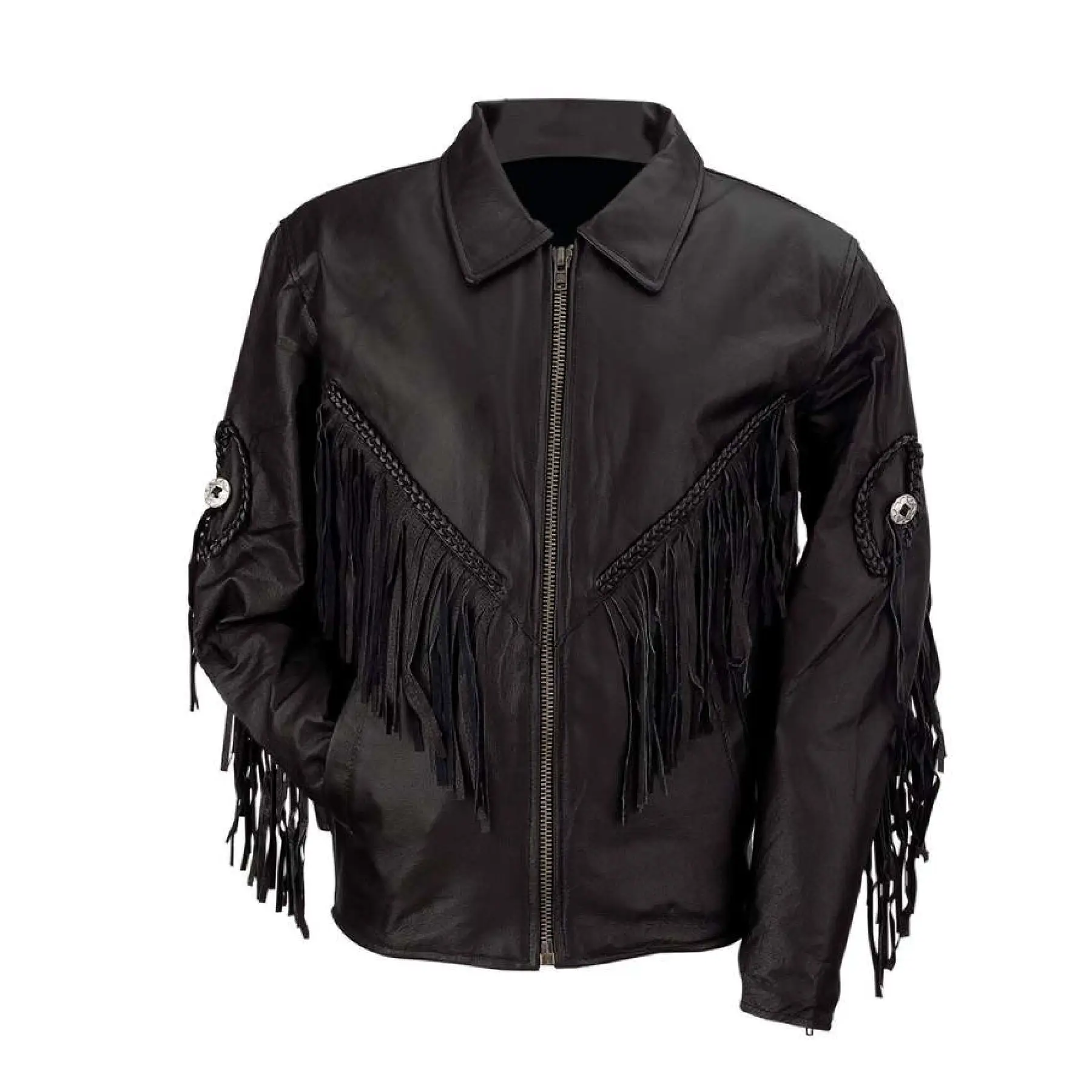 Modische Quaste Premium Qualität Schwarzes Leder Stilvolle Jacke volle Ärmel mit Turn-Down-Kragen Großhandel günstigen Preis Unisex