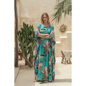 Women's Printed Eco-Friendly Floor-Length Natural Waist Loose Fit Kaftan Maxi <b>Dress</b> Green Summer Beach Resort Casual Wear - Product Image 4