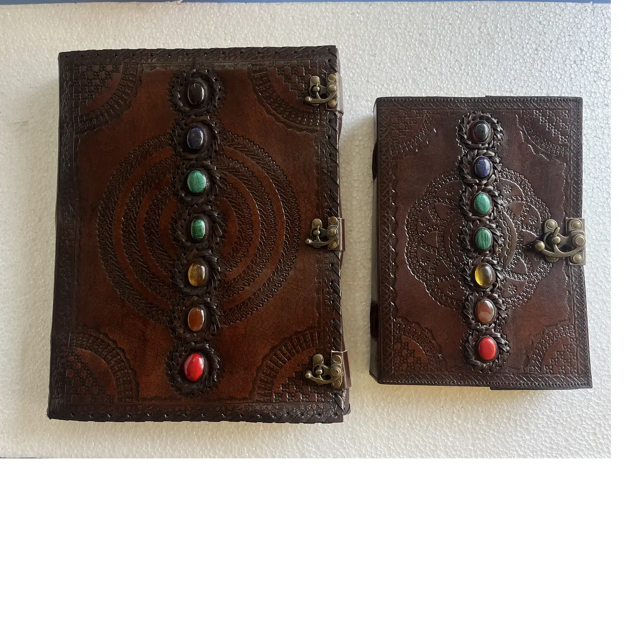 custom made 7 chakra stone deep embossed leather journals with cotton handmade paper pages ideal for resale