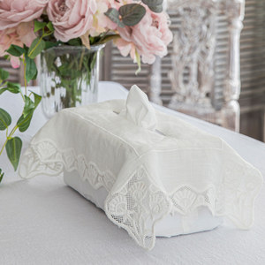 Couverture de boîte à mouchoirs florale vintage brodée personnalisée porte-boîte à mouchoirs rectangulaire avec bordure festonnée décoration de maison en lin blanc - Product Image 2