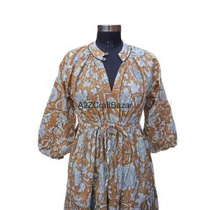 Vestido MIDI indio hecho a mano 100% algodón A-Line silueta ecológico para mujer nuevo diseño estampado Floral cuello en V manga 3/4 noche - Product Image 3