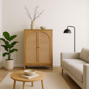 Armario Minimalista con Puertas de Ratán Natural Curvado y Amplios Estantes de Almacenamiento, Ideal para Salas de Estar y Dormitorios - Product Image 5