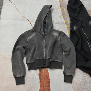 Sweat à capuche court personnalisé poids lourd lavé à l'acide pour les femmes 100% coton éponge épissage fermeture éclair à capuche blanc vêtements de rue pour l'hiver automne - Product Image 2