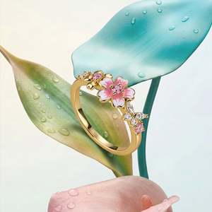 Jeulia Gold Plated Pink Enamel Sakura Cherry Blossom <b>Adjustable</b> <b>Ring</b> - Product Image 3