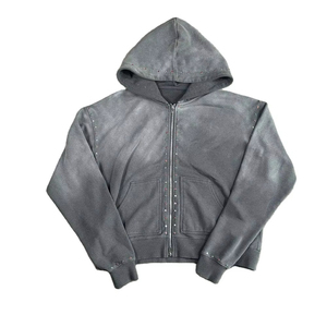 Sudadera Corta Cuadrada con Lavado Ácido y Logotipo Personalizado para Hombre, Cierre Invertido Desgastado con Bordado Desteñido por el Sol, Capucha Doble - Product Image 2