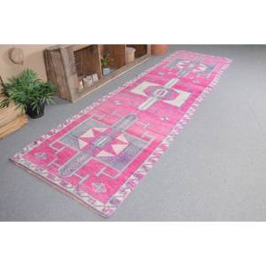Modern Vintage Turkish Rug 3.4 X 11.6 ft <b>Pink</b> <b>Wool</b> Seagrass Abstract Pattern Large Area Rectangle Hallway Design New for Rooms - Product Image 1