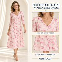Robe midi évasée rose poudré à motif floral et col en V, manches trois quarts, pour collections de boutiques, marque privée, OEM, ODM