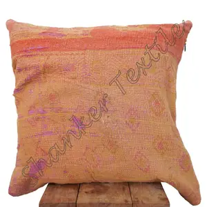 Sarung bantal persegi berlapis tangan katun buatan tangan cetak Kantha India sarung bantal lempar Boho sarung bantal Sofa