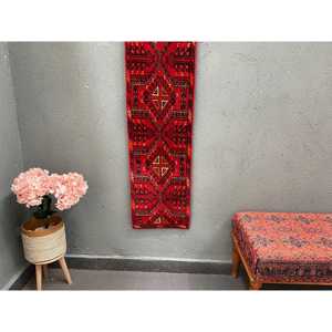 1.2x5.2 ft Vintage Turkish Rug, <b>Runner</b> Rug, <b>Red</b> Solid Rug - Product Image 1