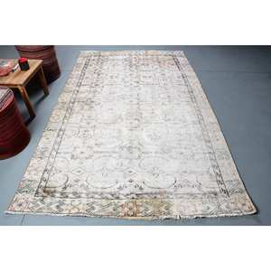 Alfombra turca vintage grande de 5,3x8,5 pies, forro de látex de lana beige blanco, estilo Tabriz, retazos rectangulares para adolescentes de 5x8' - Product Image 1