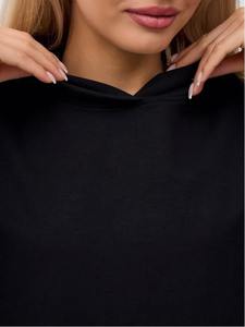 Sweat à capuche femme couleur unie coupe ample poche kangourou décontracté Streetwear brodé/imprimé coton Polyester polaire noir - Product Image 2