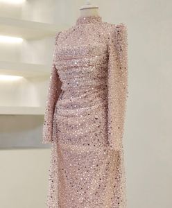 <b>Light</b> Pink Luxury Evening Dress Full Sequins Long Sleeves Strapless Collar Mermaid Silhouette Built-in Bra Handmade Embroidery - Product Image 2