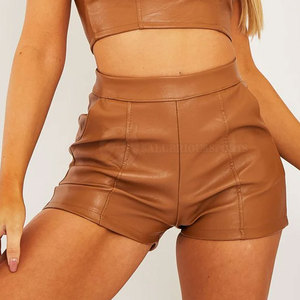 Shorts de Cuero Casuales de Invierno para Mujer de Alta Calidad, Transpirables, con Cintura Elástica, Decorados con Lazo y Botón, Tinte Liso, Color Personalizado - Product Image 3