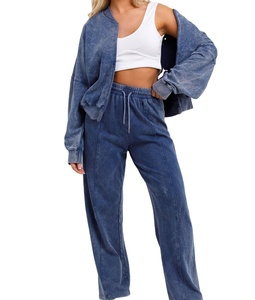 Chaqueta Bomber lavada a la piedra con cremallera y Joggers Loungewear Set Azul Trajes de 2 piezas para mujer Conjunto de chándal Trajes de chándal 2026 - Product Image 3