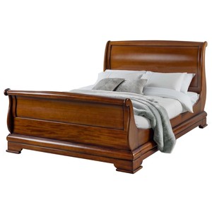 Lit en bois de noyer brun classique avec tête de lit plus haute, meubles de chambre à coucher, style antique vintage - Product Image 1