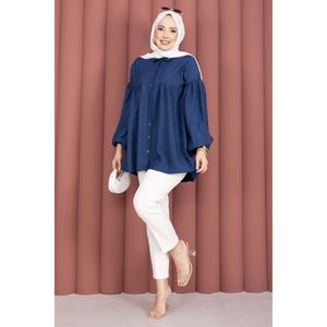 เสื้อคลุมสตรีสีน้ำเงินกรมท่าสไตล์วินเทจลำลอง ไซส์ XL ผ้าป๊อปลินลิน แขนยาวทรงบอลลูน ปกเสื้อแบบปกเชิ้ต ตกแต่งด้วยลูกไม้ ทรงครอป ผ้าทอ - Product Image 1