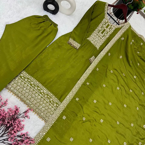 Designer Collection Chinon Soie Broderie en profondeur Dori-Sequence Work Set-New Top-Bottom Dupatta Indian Pakistani Clothing Line - Product Image 1