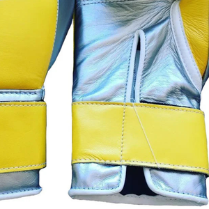 Guantes de Boxeo Profesionales de Cuero Amarillo Plateado con Velcro en la Muñeca, Guantes de Entrenamiento y Sparring para Hombres y Mujeres - Product Image 3
