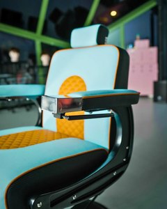 Fauteuil de Barbier Moderne du Milieu du Siècle en Similicuir Bleu Orange, Hauteur Réglable, Pompe Hydraulique, Base Ronde, Mobilier de Salon - Product Image 3