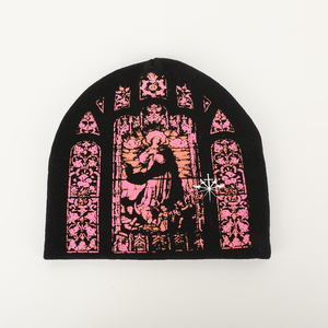 Logotipo personalizado acrílico Jacquard patrón Hip-pop estilo callejero invierno Skully Y2K Beanie Hat sin puños de punto exterior con patrón de cabeza - Product Image 1